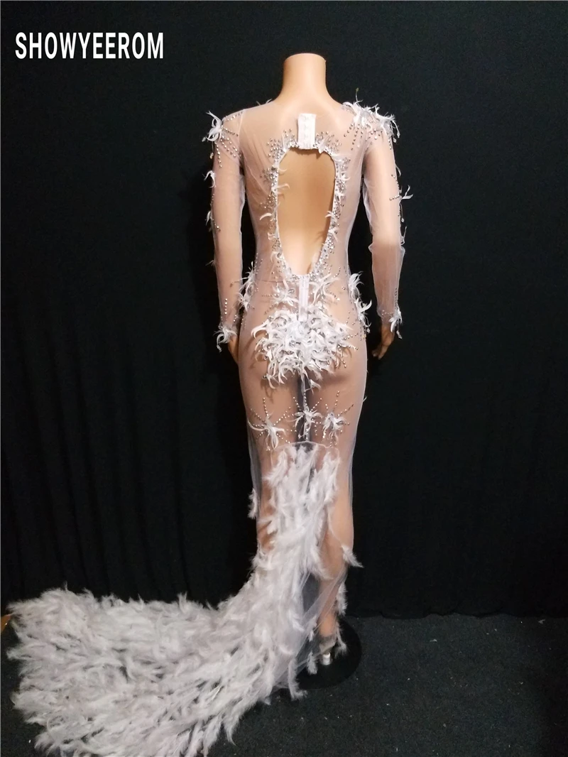 perspective Feather Stones Pearls Dress Women Party Prom Outfit Birthday Celebrate Stretch Long Dress Dancer Long Dress