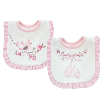 

2002 Cute Baby Bib for Grils Pink White Double Layer Cotton Embroidery Bird Bib Baby Accessories
