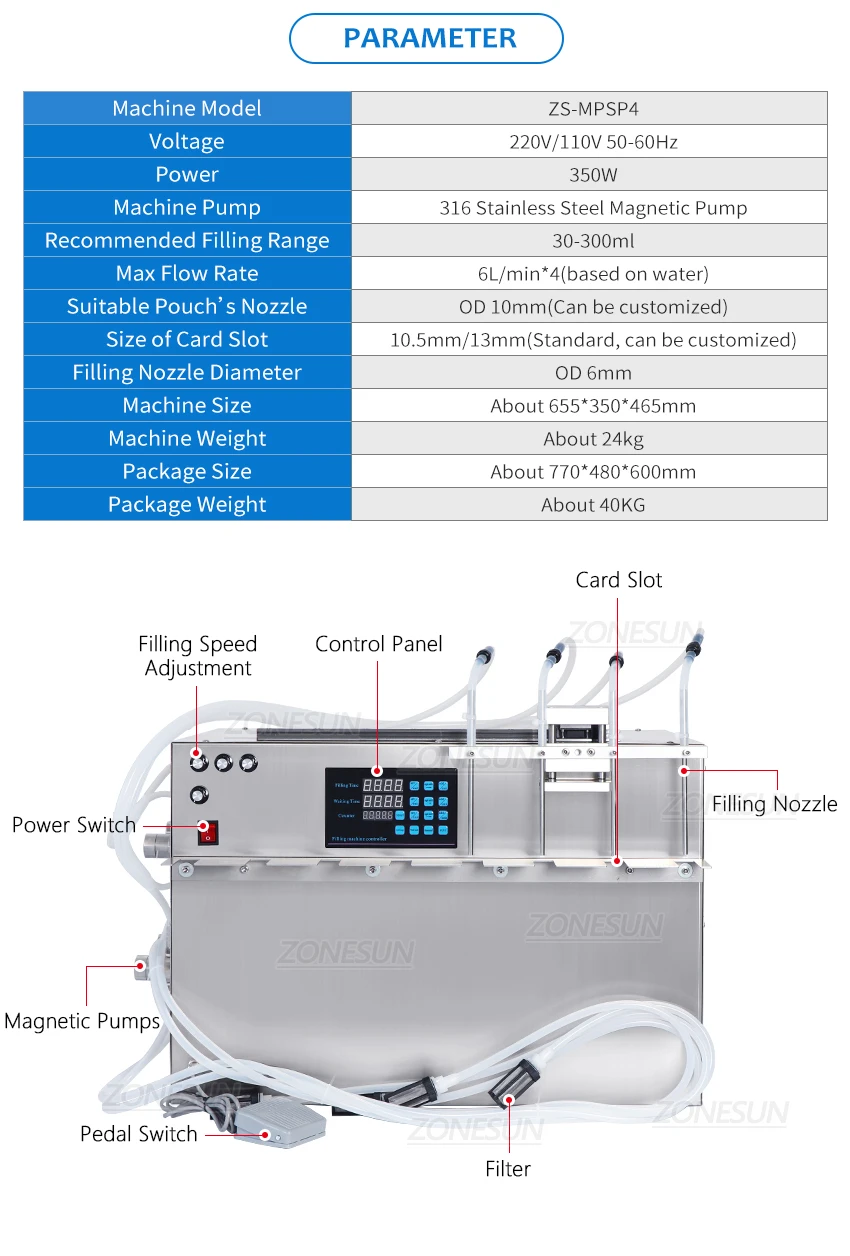 ZONESUN ZS-MPSP4 4 Boquillas Boquilla Máquina Llenadora de Líquidos 