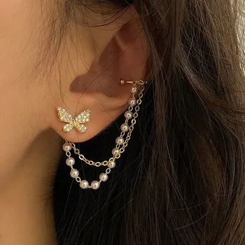 

Crystal Butterfly Long Chain Stud Earring for Women Faux Pearl Beadeds French Minimalist Piercing Earrings Statement Jewelry