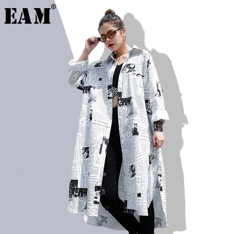 [EAM] 2021new Spring Autumn  Lapel Long Sleeve White Printed Loose Irregular Big Size Long Shirt Women Blouse Fashion Tide JF008
