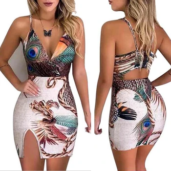 

Summer Elegant Women Sling V Neck Peacock Feather Print Split Pencil Dress Female Bodycon Mini Short Vestidos Beach Sundress