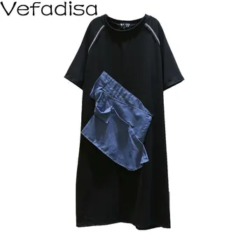 

Vefadisa Black Short Sleeve Dress Women 2020 Summer Newest O-Neck Denim Patchwork Dress Loose Knee-Length Dress Casual QYF2103
