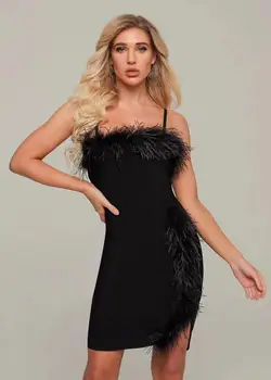 

Simly Tara 2019 Summer Elegant Women Mini Party Dress Vestidos Strapless Spaghettlli Strap Feathers Red Bodycon Bandage Dress