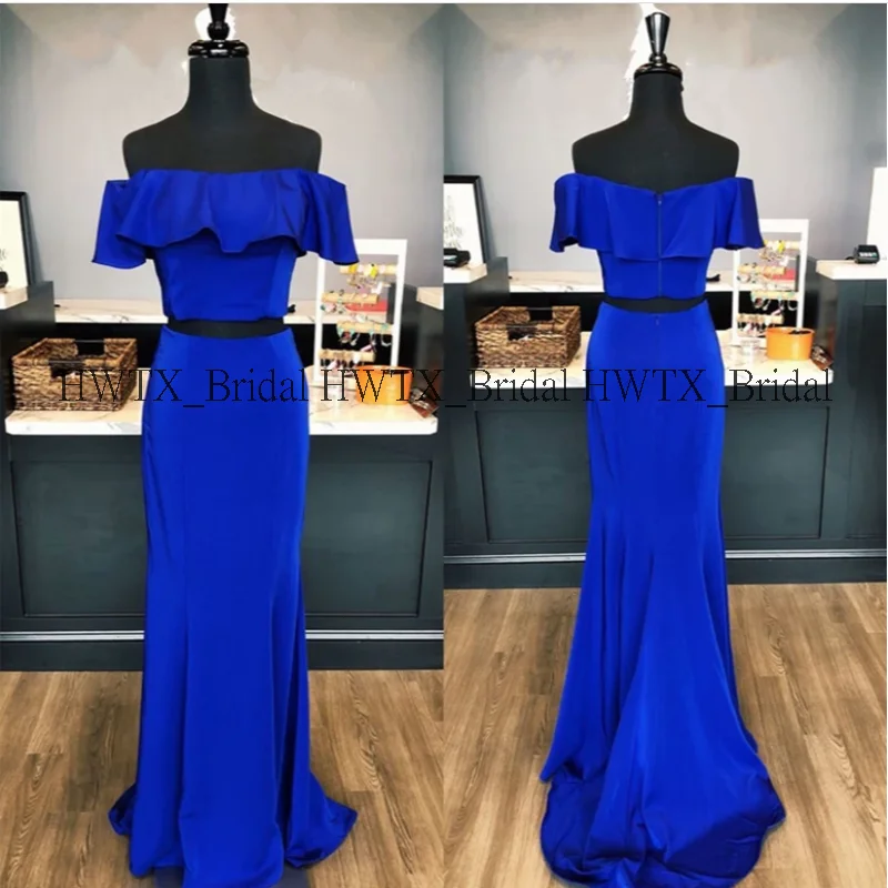 HWTX_Bridal, королевское синее длинное платье для выпускного вечера, новинка, заказной вырез лодочкой, два предмета, вечерние платья для выпускного вечера, Формальное вечернее платье