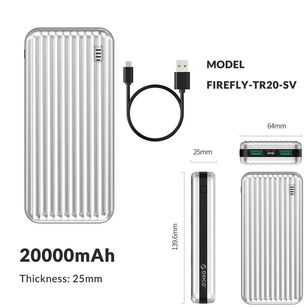 TR20 20000mAh ORICO 20000 мА/ч внешний аккумулятор для чемодана, внешний аккумулятор для мобильного телефона, зарядное устройство для путешествий, портативный тонкий внешний аккумулятор для смартфона - Цвет: TR20 20000mAh