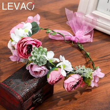 

Levao Faux Pine Cone Flower Headbands for Bridal Wedding Ribbon Bow Garland Boho Floral Crown Headbands Wreath Tiara Hairband