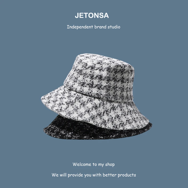 

Fisherman hat female big brim autumn and winter wild checkered knitted hat literary retro fashionable basin hat