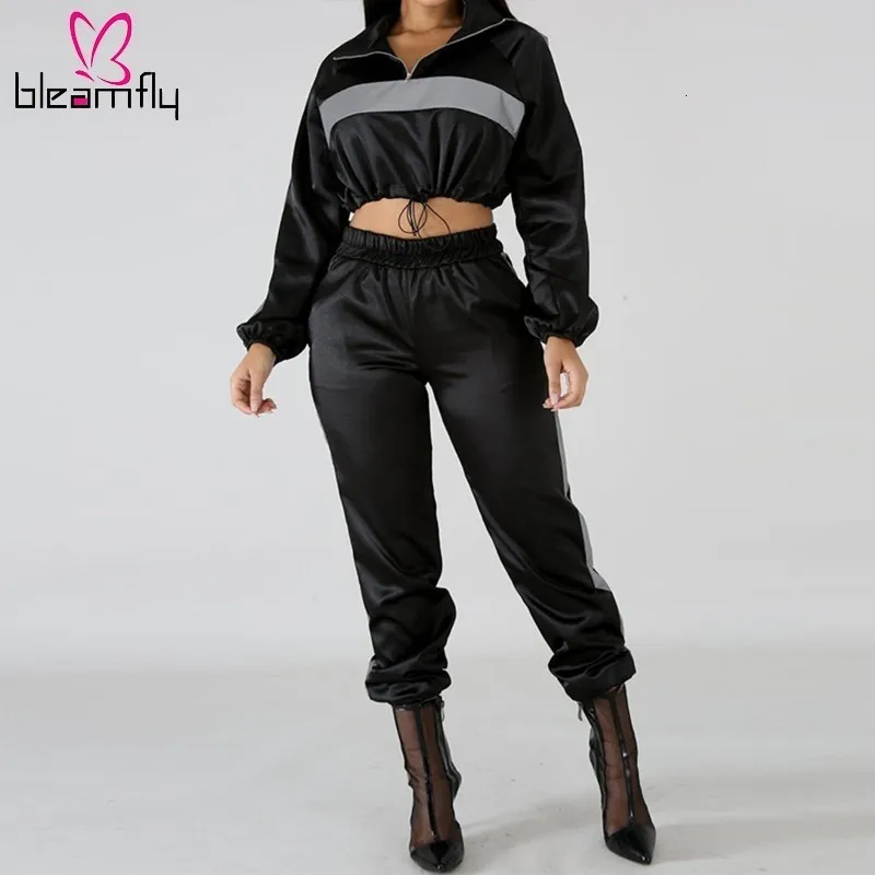 

Autumn Women Reflective Patchwork Two Piece Set Long Sleeve Turn-down Collar Crop Top Long Pencil Pants Sets Black Tracksuits