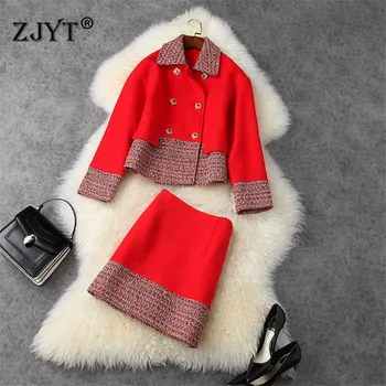 

High Quality Women Runway Suit Winter Outfits Fashion Turn Down Collar Plaid Patchwork Short Woolen Jacket and Skirt 2 Piece Set