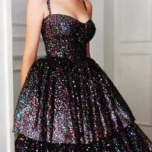 Блестящие черные платья для выпускного вечера Длинные пикантные тонкие бретельки Многоярусные оборки дубайские Вечерние наряды арабское вечернее платье