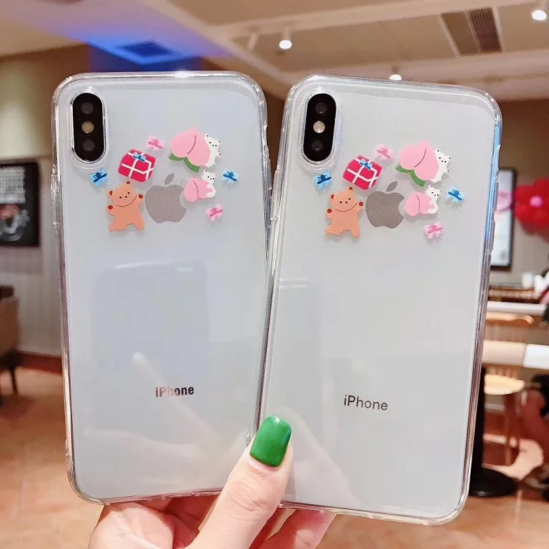 

INS Korea cute animal bear peach phone case For iphone11 11pro max Xs MAX XR X 6 6s 7 8 plus cartoon funny clear soft TPU Cover