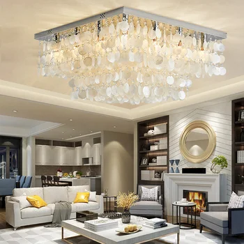 

Mediterranean Pastoral Rectangular Led Round shells Crystal Ceiling Light For Living Room