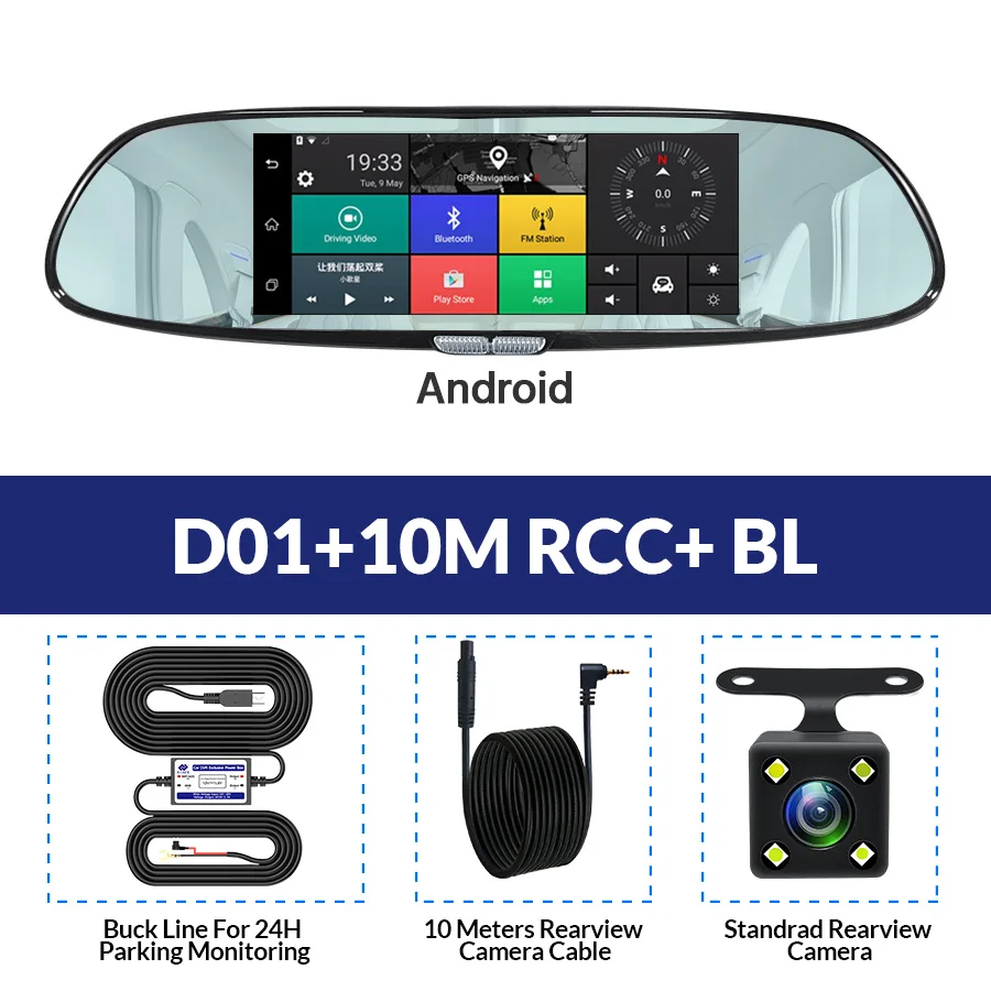 D01-10M RCC-BL E-ACE D01 gps навигация трекер Автомобильный видеорегистратор 3g Wifi камера " сенсорный экран Android навигаторы 1080P видео рекордер зеркало заднего вида - Название цвета: D01-10M RCC-BL