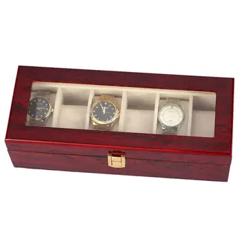 

6 Slots Wine Red Watch Case Display Box Wood Jewelry Storage Organizer Holder with Clear Glass Lid