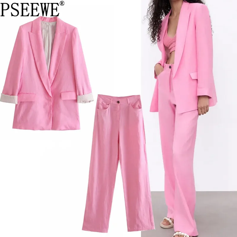 PSEEWE Set Woman 2 Pieces Chic Pink Blazer Women Elegant Wide Leg Pants Sets Business Office Casual Green Outfit | Женская одежда