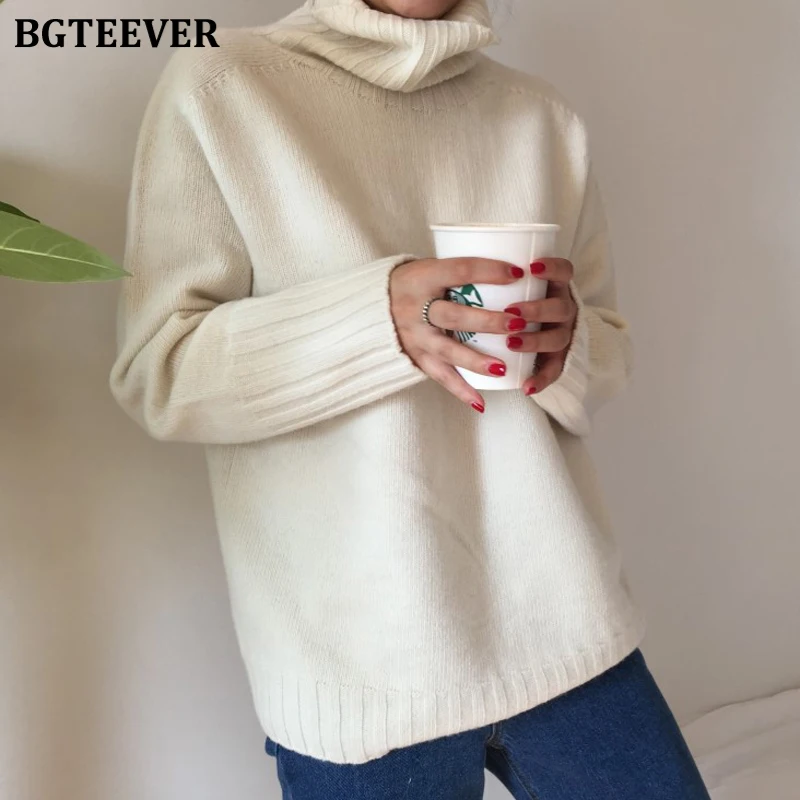 BGTEEVER Winter Turtleneck Long-sleeved Women Sweaters All-match Casual Warm Knitting Pullover Sweaters Female Knit Tops - Цвет: white