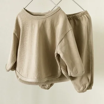 

autumn 2020 Korean children clothes new fashion solid color pure cotton lovely leisure joker sweatshirt and pants two piece set