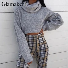 *#Best Price Glamaker Grey knitted turtleneck crop sweater Women autumn pull short sweater ladies jumper winter Female pull knitwear pullover *#Best Price Glamaker Grey knitted turtleneck crop sweater Women autumn pull short sweater ladies jumper winter Female pull knitwear pullover