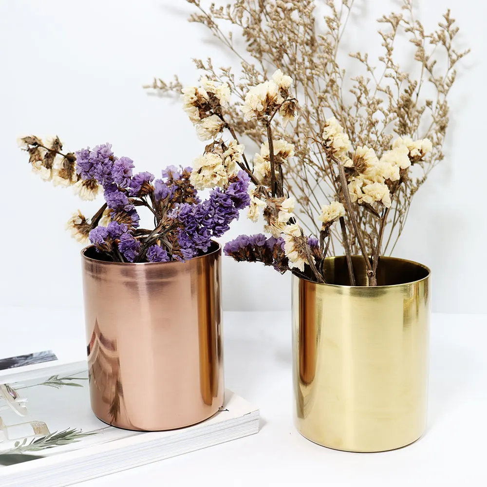 Rose Gold Stainless Steel Cylinder Pen Holder for Desk Organizer Stand
