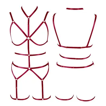 

Sexy Red Full Body Cage Lingerie Strappy Chest Tops Women Garter Belt Punk Gothic Plus Size Elastic Dance Clothing Harness Set