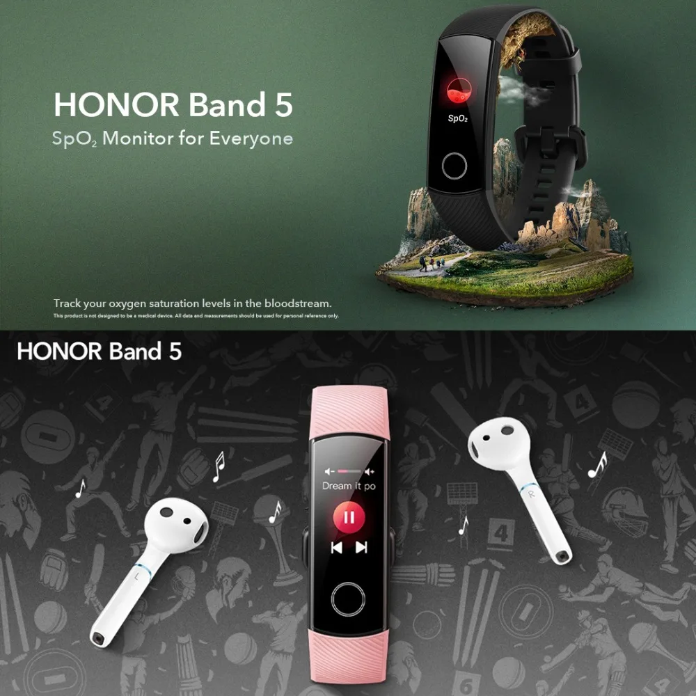 HONOR Band 5 0,9" большой полноцветный AMOLED дисплей фитнес умный Браслет 240*120 пикселей 8 персонализированные часы лица