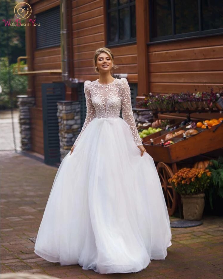 cheap wedding dresses Lace Wedding Dress 2022 Long Sleeves A Line Tulle with Sash Bridal Gowns Elegant Women Bride Gowns Sweep Train Romantic summer wedding guest dress