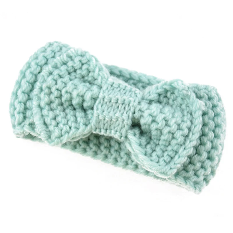 mint green Милая Теплая повязка на голову с ушками для новорожденных детей, вязаная крючком повязка на голову с большим бантом, аксессуары для волос для детей на осень и зиму - Цвет: mint green