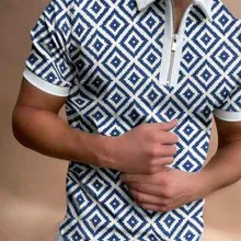 2021 Summer Harajuku Streetw Fashion Patchwork Print Men Short Sleeve Polo Shirts Casual Turn-down Collar Zipper Design Tops