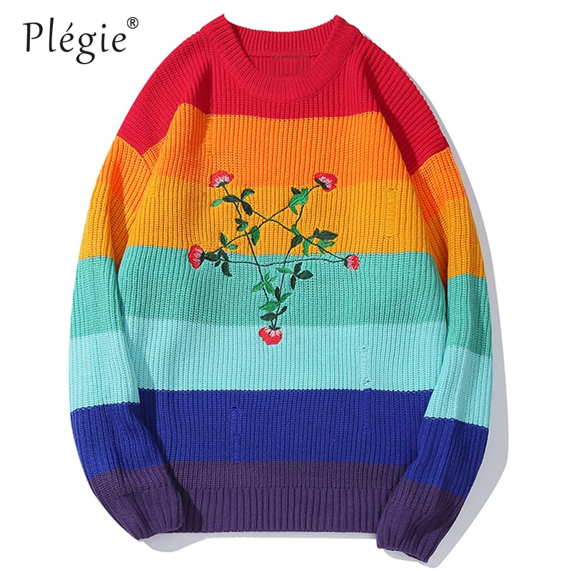 red sweaters Plegie многоцветный лоскутный свитер пуловер с цветочной вышивкой толстовки с длинными рукавами уличная одежда больших размеров Хип-хоп трикотаж - Цвет: red sweaters