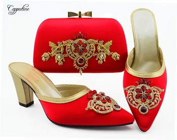 

Gorgeous red African pointed toe shoes and bag sets QSL009, heel height 9cm