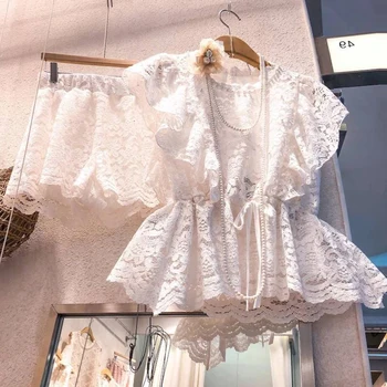 

Lace Sets for Lady Lace Shirt Tops + Elastic Waist Short Skirts 2020 Summer New Korean-style Lace-up Elegant Two-Piece Set White