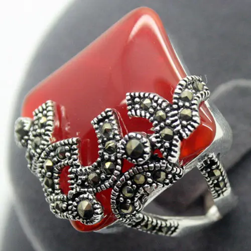 

fashionable 22X20mm 925 Silver Natural Red Natural jade Marcasite Ring Size 7/8/9