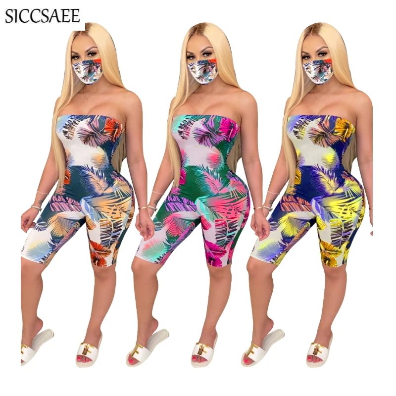 

Knee Length Pants Strapless Bandage Playsuits For Women Leaf Floral Printed Bodycon Bodysuit Sexy Tube Backless Leotard Summer
