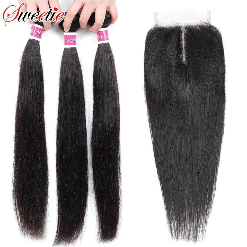 

Sweetie Hair Peruvian Straight Hair Bundles With Closure Middle Part Non Remy 100% Human Hair 3 Bundles With Lace Closure