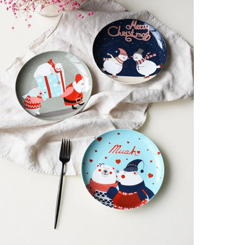 8 inch Christmas theme bone china western steak salad dessert cake home kitchen storage decorative plate cute Christmas gift