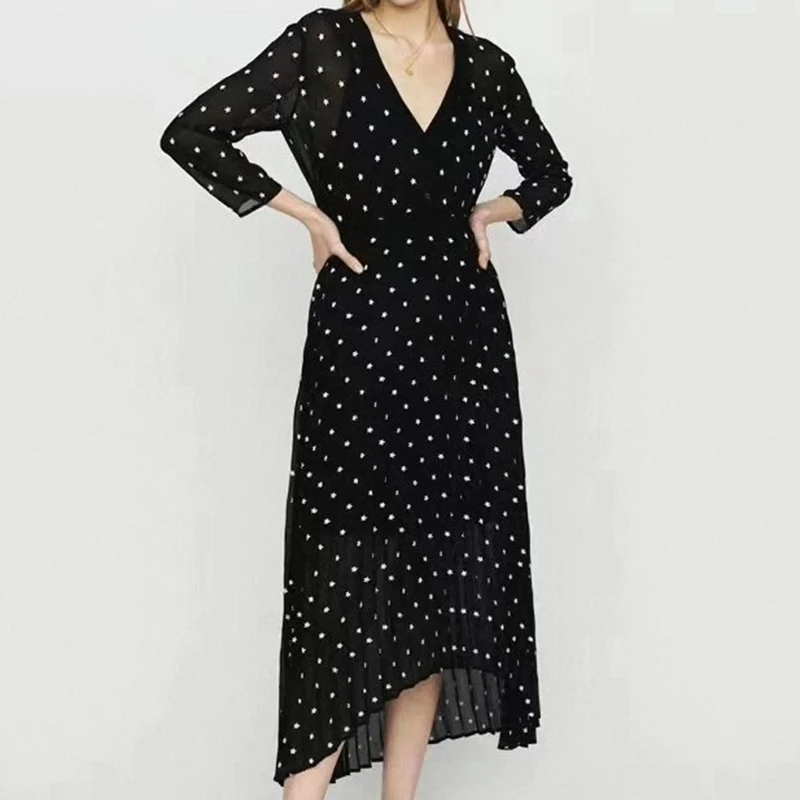 

Korean Style Vintage Spring Long Dress Women Dress Ladies Office Black Midi Shirt Dresses Chic Sexy Mesh Print Dresses Vestidos
