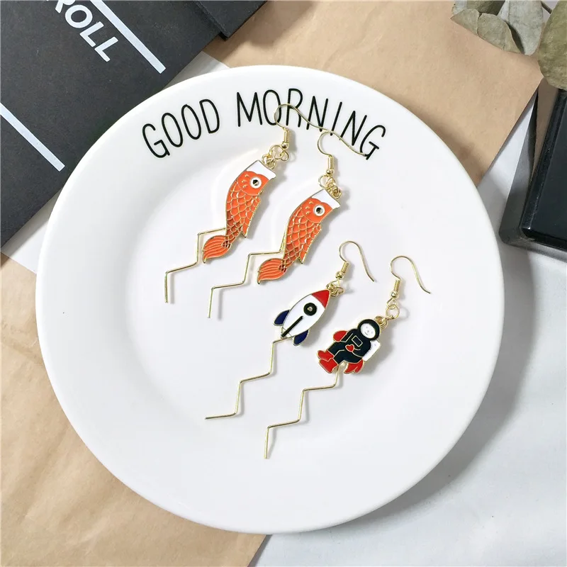

Japan Korean Funny Creative Enamel Carp Fish Rocket Astronaut Long Wave Tassel Drop Earrings For Women Handmade Party Jewelry