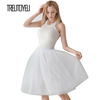 

Treutoyeu Design White Mesh Skirt Wedding Party 6 Layers korean style A Line Midi Pleated Tulle Skirts Womens Faldas Mujer