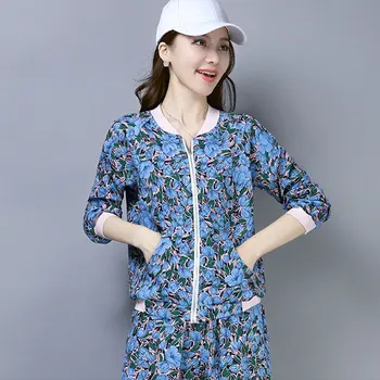 

2020 Spring New Casual Hit Color Printing Zipper Sports Long-sleeved Thin Section Coat Elasticated Waist Ankle Length Pants Suit