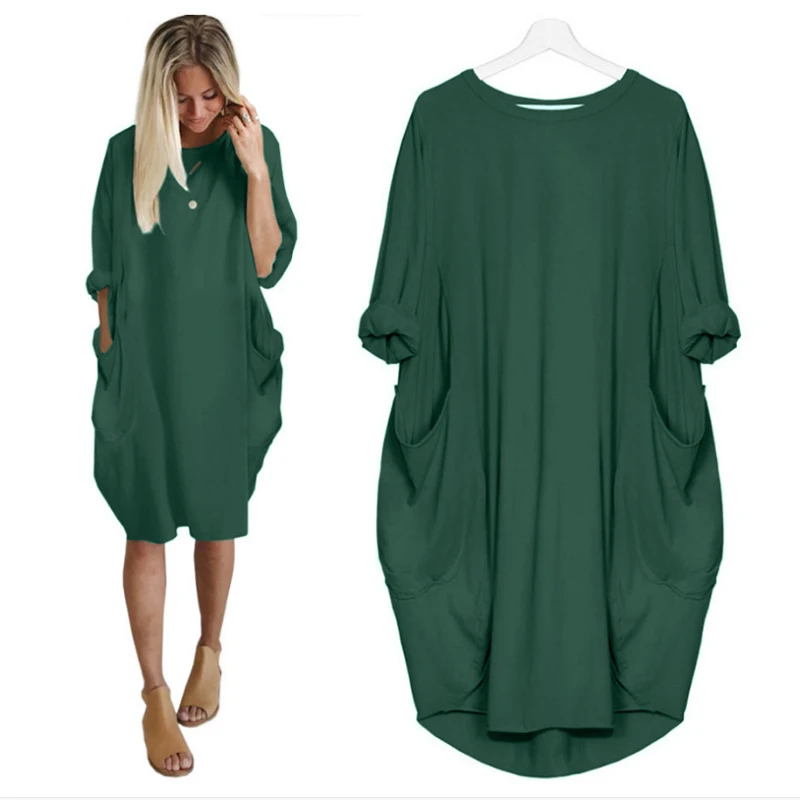 Женское повседневное свободное платье с карманом, Дамская мода, круглый вырез, длинные топы, женская футболка, платье, уличная одежда размера плюс 5XL vestidos - Цвет: Зеленый