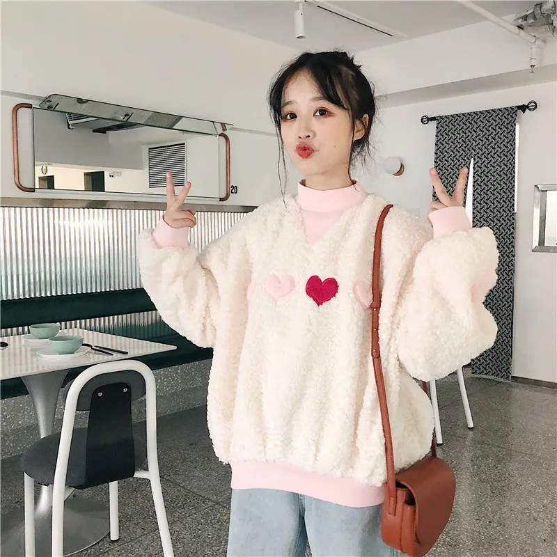 Женская толстовка Kawaii Harajuku мода, любовь, сердце вышивка с длинными рукавами Свободный пуловер Повседневная Женская толстовка