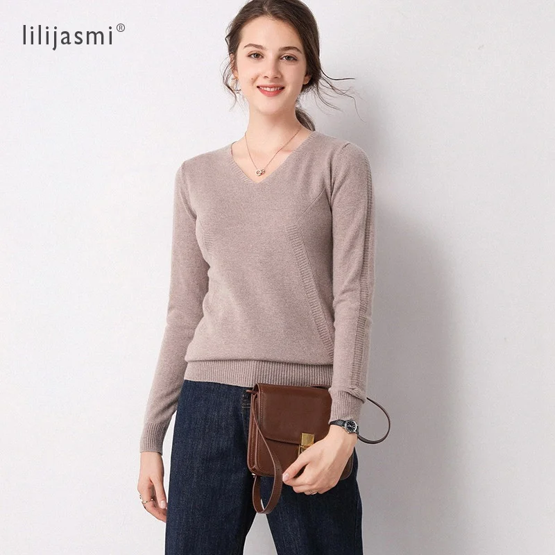Women's V-Neck 100% Wool Front Slim Knit Stripe Sweater Trend Colors Pullover Ladies Jumpers | Женская одежда