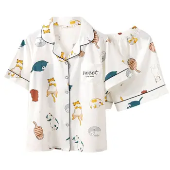 

Women Summer Cotton Pajamas Set Kawaii Meow Cat Short Sleeve Sleepwear Nightwear 23GE