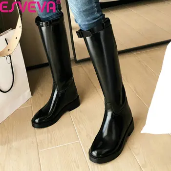 

ESVEVA 2020 New Autumn Winter Cow Leather Concise Knee High Boots Round Toe Square Middle Heel Zipper Women Shoes Big Size 34-39