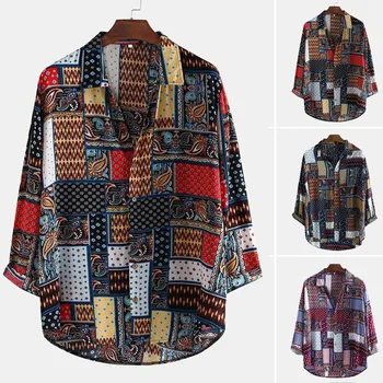 

Men Vintage Ethnic Style Print Loose Long Sleeve Stand Collar Casual Shirt Plus Size shirts Hawaiian camisas hombre manga larga