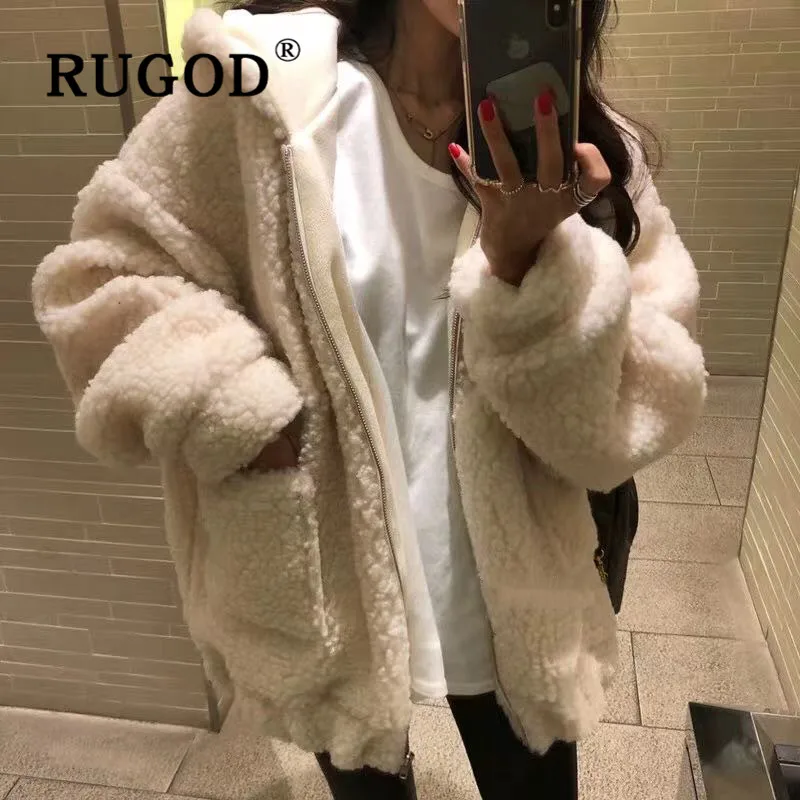 RUGOD, новинка, Женское шерстяное пальто с капюшоном, Корейская шикарная теплая зимняя куртка, свободная, с длинным рукавом, на молнии, милое пальто из овечьей шерсти, верхняя одежда