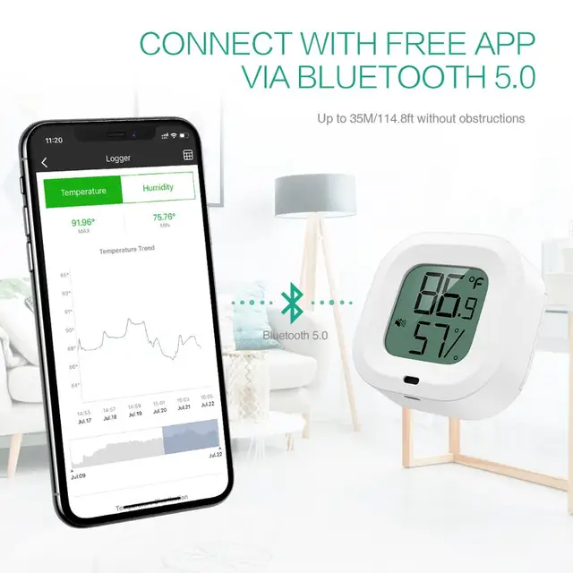 Oria Vezeték Nélküli Hőmérő Hygométer Mini Bluetooth 5 Páratartalom Hőmérséklet-Érzékelő Riasztás Beépítési Mágnes Házhoz - Image 2