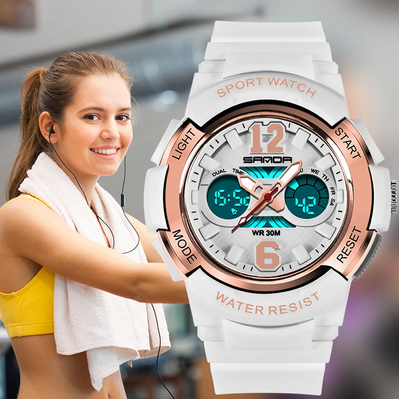 SANDA 757 Rose Goud Wit Sport Vrouwen Horloges Mode светодиодный цифровой светодиодный светильник Dameshorloge Vrouwen montre homme Relogio Feminino dourado