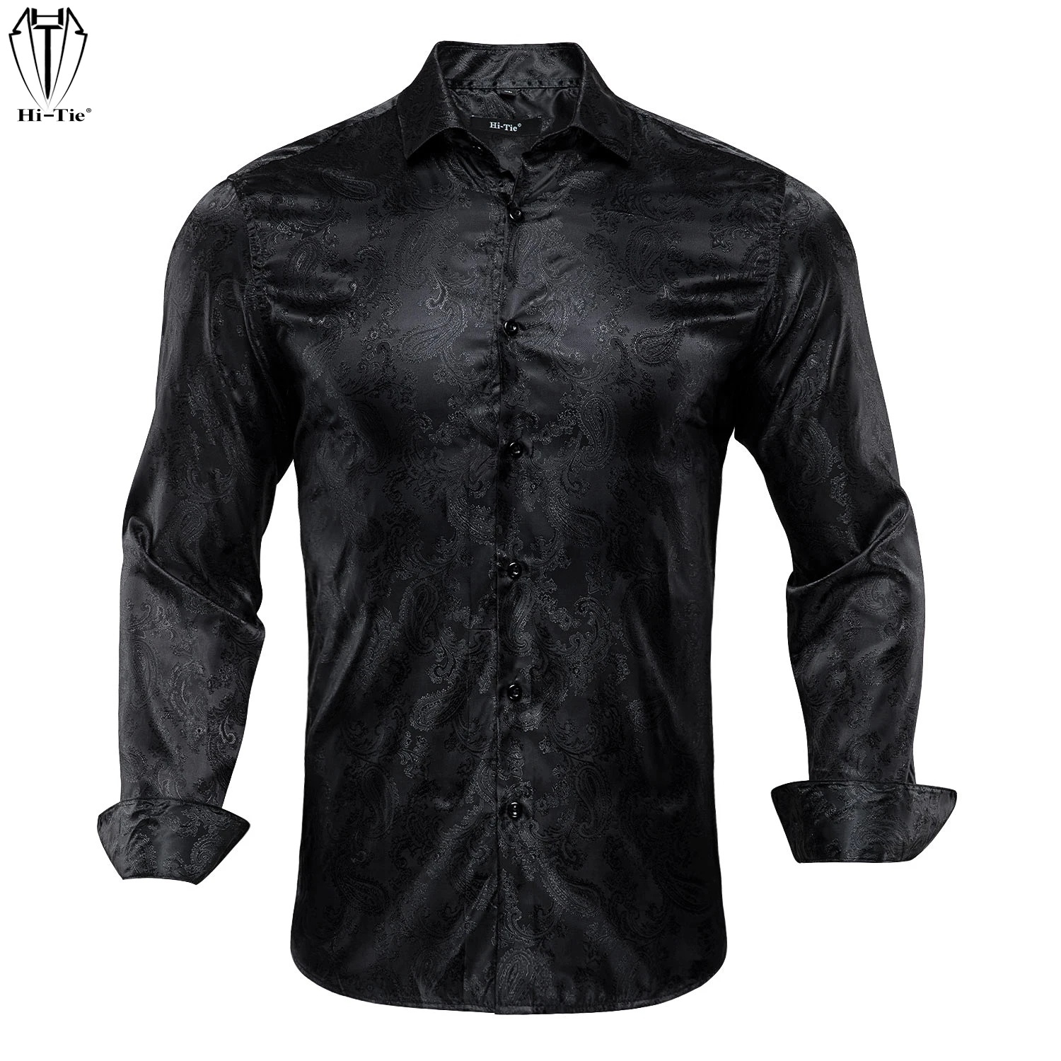 Hi Tie Luxury Silk Mens Shirts Long Sleeve Black Paisley Men Shirt Slim